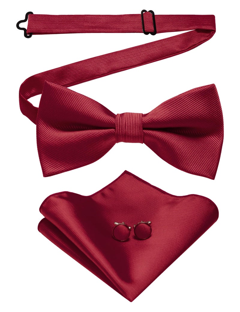 JEMYGINS Solid Color Bow Tie and Pocket Square With Cufflinks Sets for Men (burgundy) - Image 1